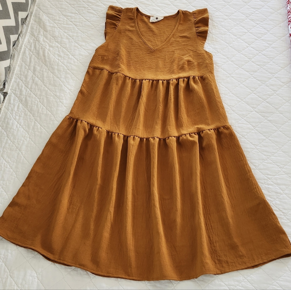 Women's Flutter Sleeve Rust Orange Fall Dress, Size S, Made in USA